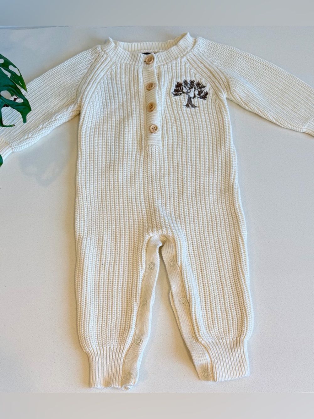 Baby Knit Romper 9-12M Cream Button Front Tree Embroidered One Piece Unisex